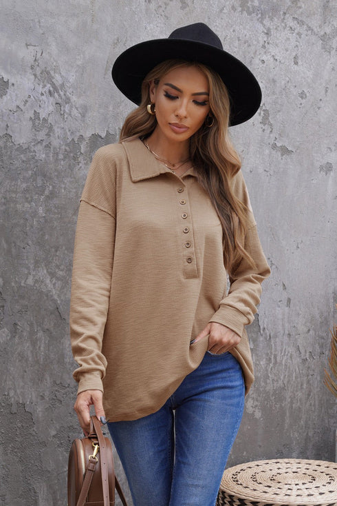 Button Front Turn-Down Neck Knit Top
